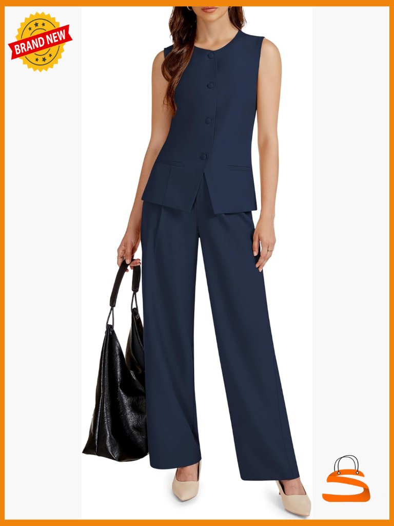 Women's 2 Piece Vest And Wide Leg Pantsuit Set Business Casual Travel Blazer
